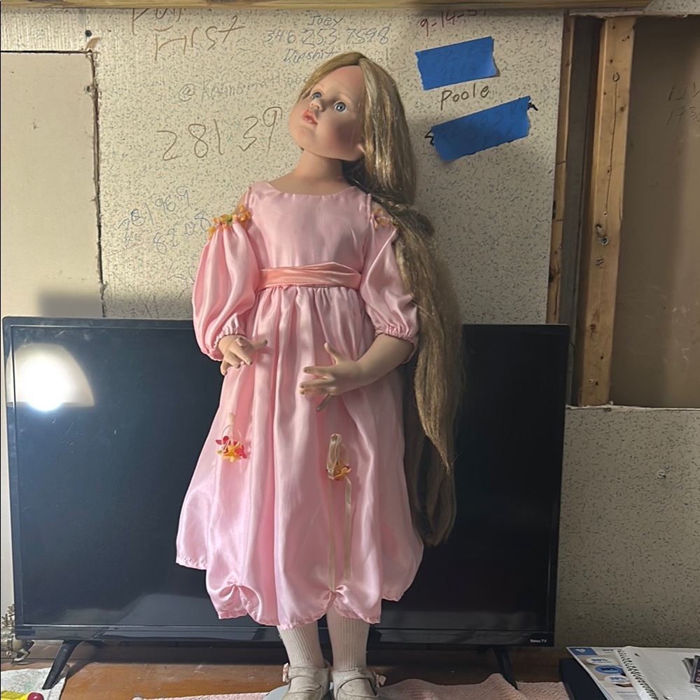 Pink Porcelain Doll with Long Hair
